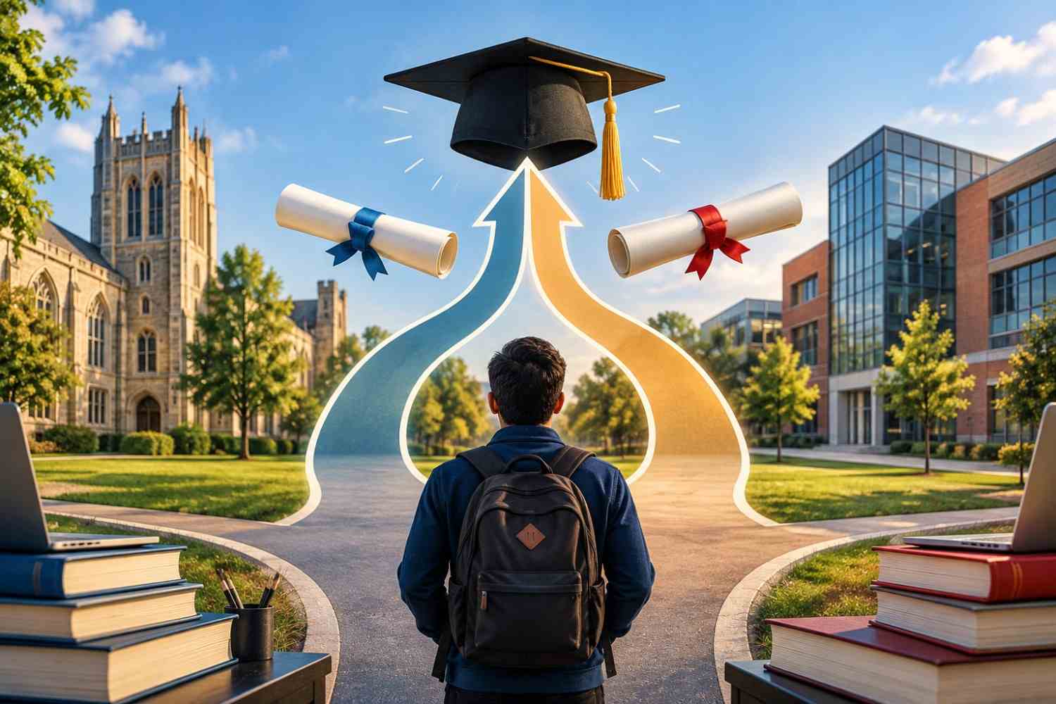 Student standing between two university campuses with two academic pathways merging toward a graduation cap and dual diplomas, symbolizing an integrated dual-degree program.